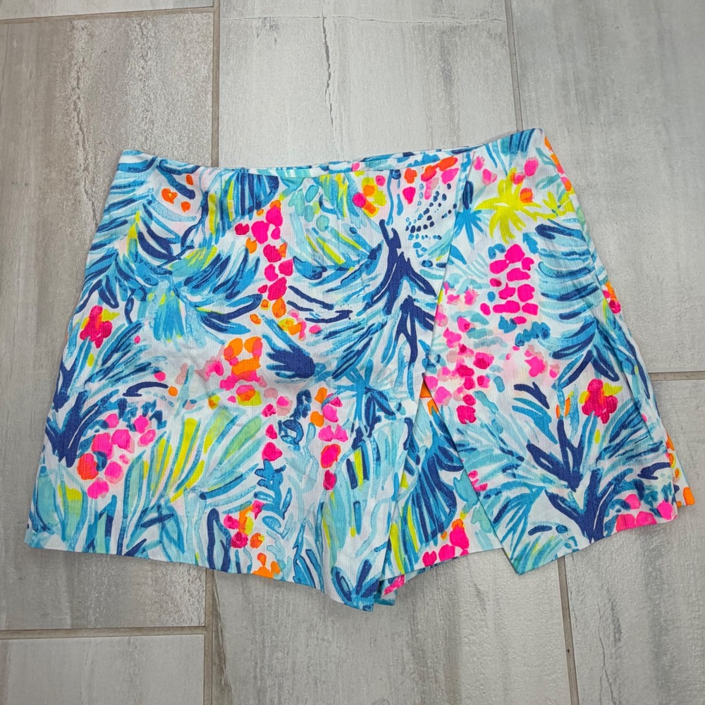 Lilly Pulitzer Tropical Floral Cotton Wrap Front Skort Blue Pink Size 10